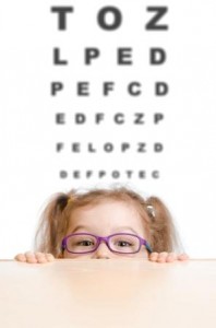 Funny girl in eyeglasses with eye chart behind